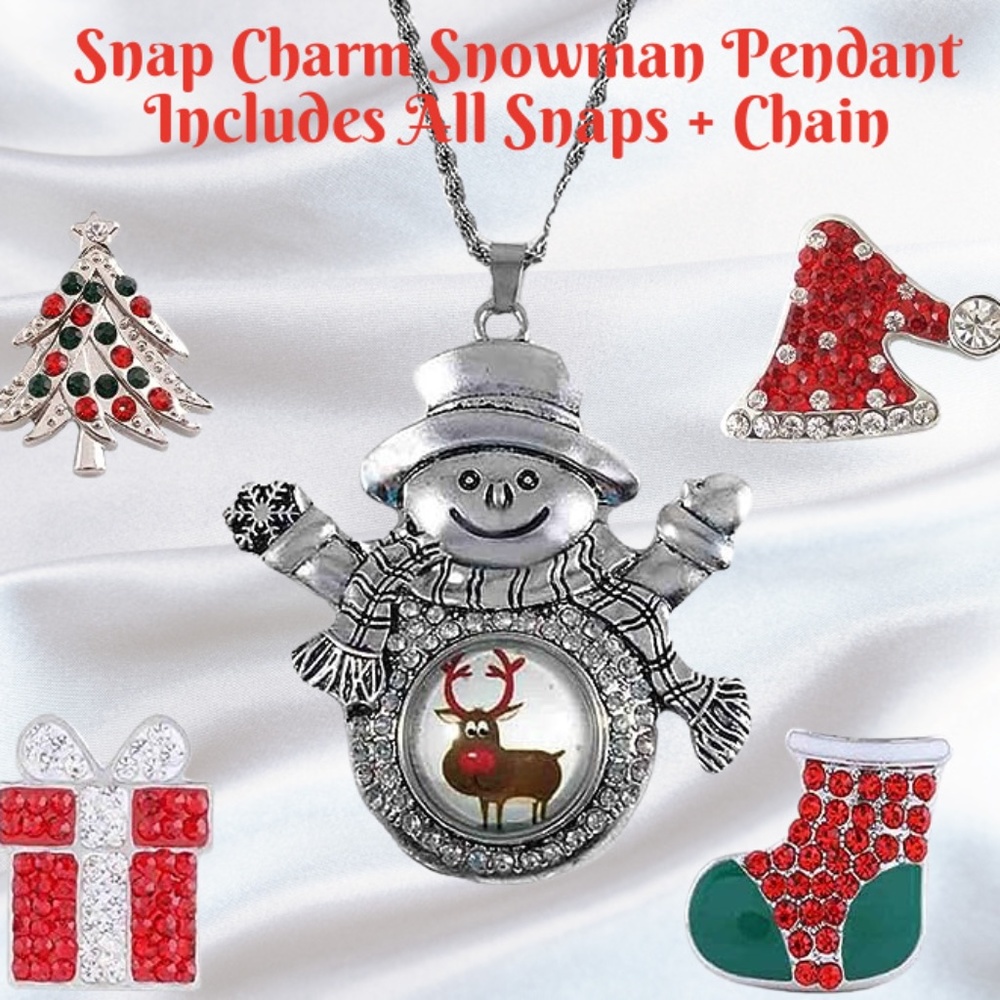 Snap Charm Christmas Set Snowman Large Pendant w/Chain & Snaps Included - Picture 1 of 2